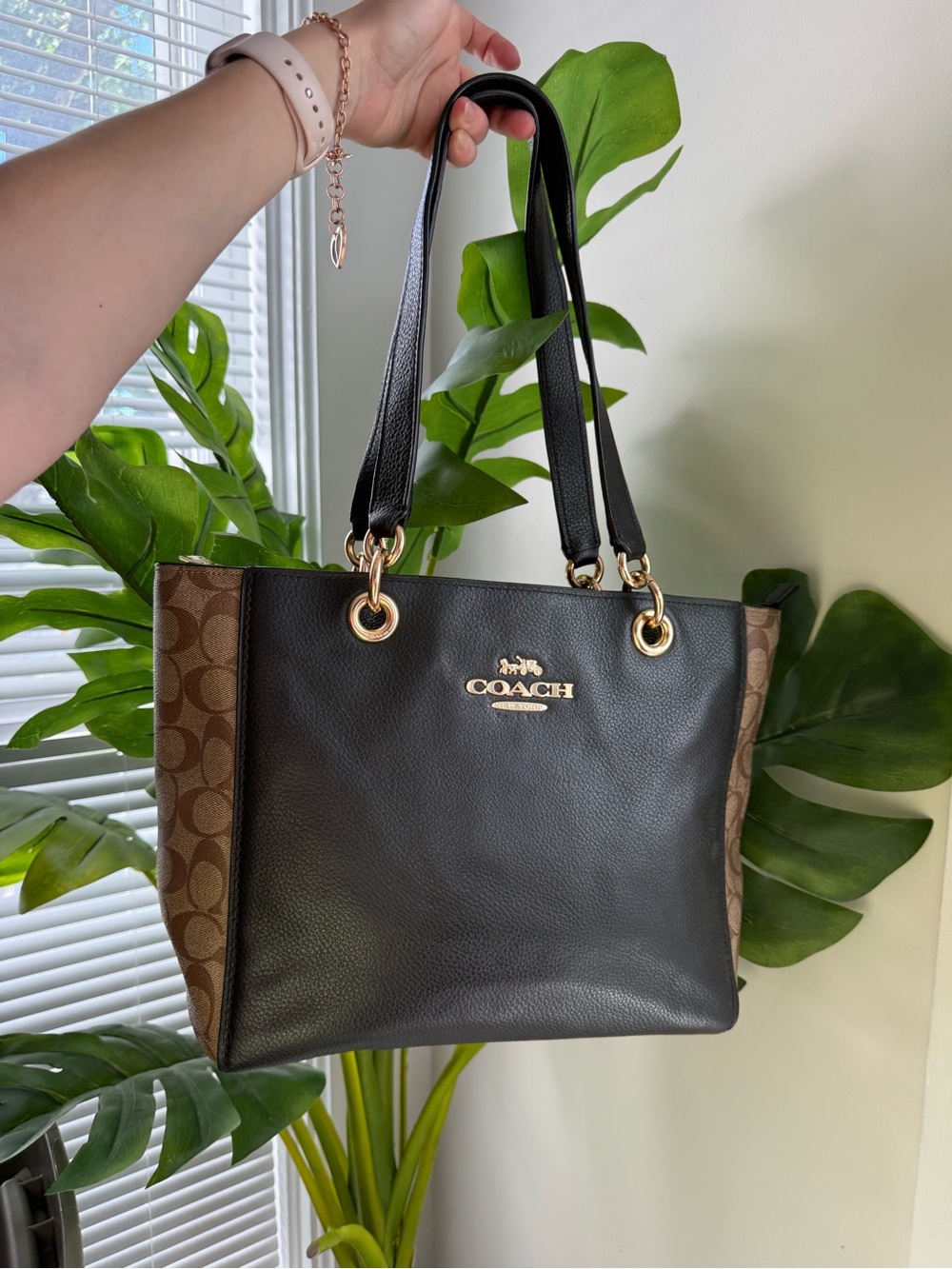 Coach Black Leather & Brown Signature Canvas Tote